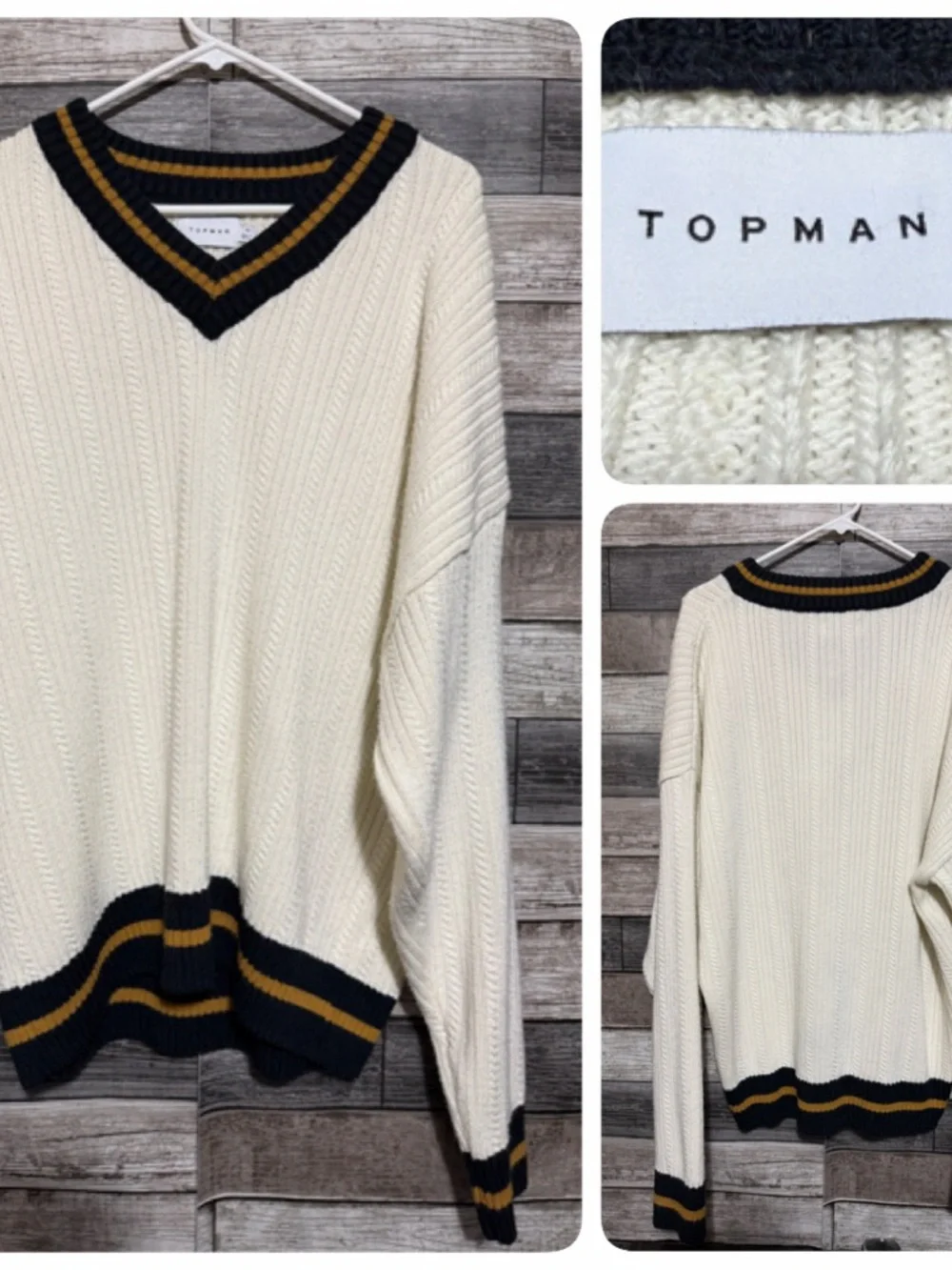 Topman Cable Knit V-Neck Sweater Men’s XL Cream Pullover Preppy
